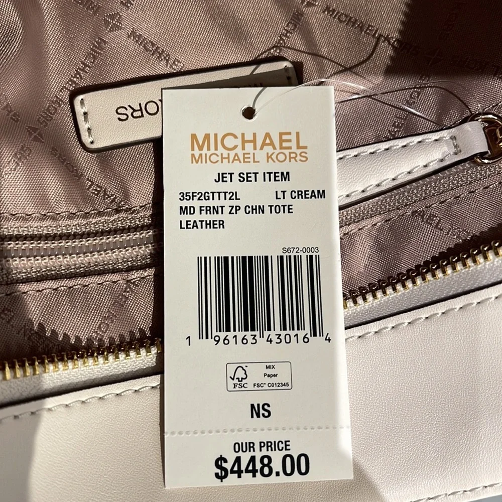 MICHAEL KORS Jet Set Medium Front Zip Pebbled Leather Chain Tote Bag Light Cream